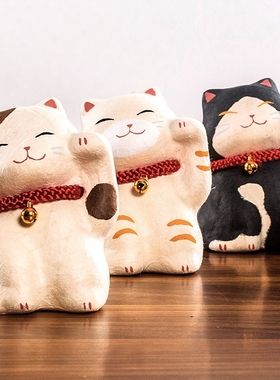 京都龙虎作 日本进口招手招财猫 和纸手工招福猫咪车载桌面摆件