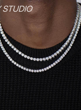 潮牌满钻网球链男女项链 嘻哈欧美个性不锈钢钛钢锆石链手链饰品