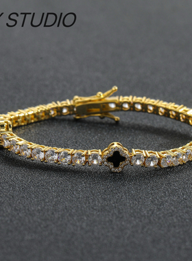 潮牌四叶草铜镶满钻网球链情侣嘻哈锆石潮流高级感小众幸运草手链