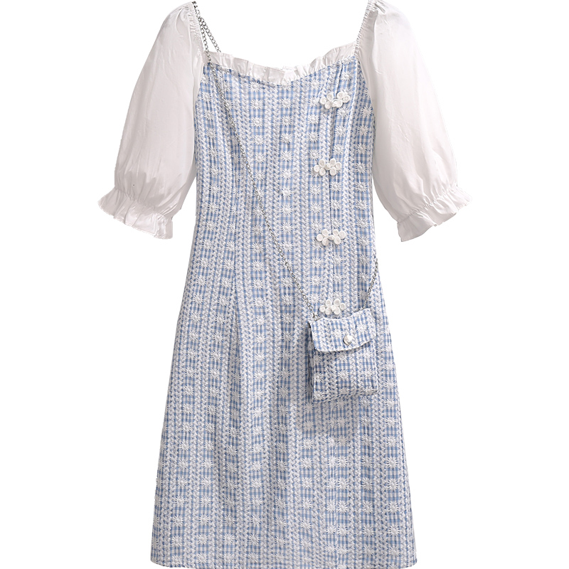 初黎旗舰店方领格子连衣裙夏季法式桔梗初恋小个子温柔风中国风改良旗袍裙子3