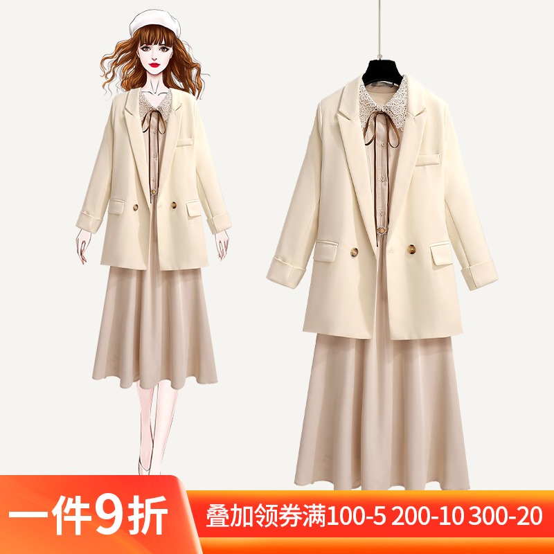 初黎旗舰店荷叶边连衣裙初秋装新款女长袖气质法式高端早秋季西装两件套0