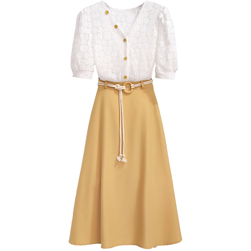 初黎旗舰店气质连衣裙女神范衣服赫本小香轻熟风蕾丝法式复古裙子夏两件套装3