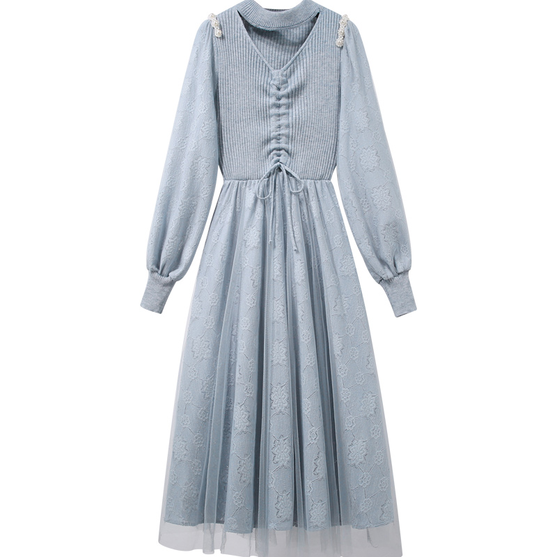 初黎旗舰店2022早春季新款女装蓝色秋冬打底法式小众设计公主长裙蕾丝连衣裙3