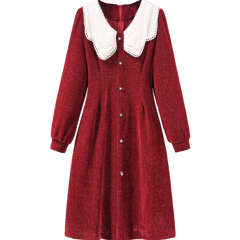 初黎旗舰店灯芯绒连衣裙2022早春秋冬新年战袍红色本命年女装小香风打底裙子3