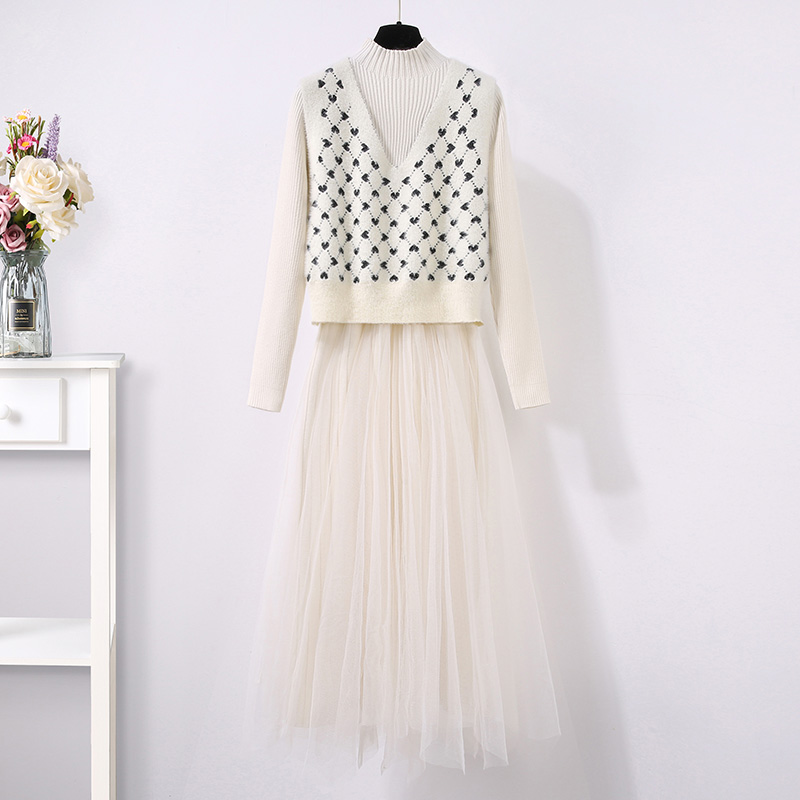 初黎旗舰店针织马甲连衣裙两件套装女秋冬季别致高级感打底内搭毛衣裙中长款0