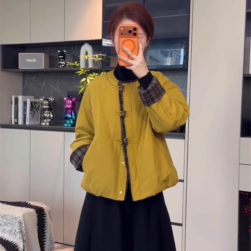 小个子夹棉加厚外套女短款秋冬2025新款韩系复古撞色宽松百搭棉衣 - 图1