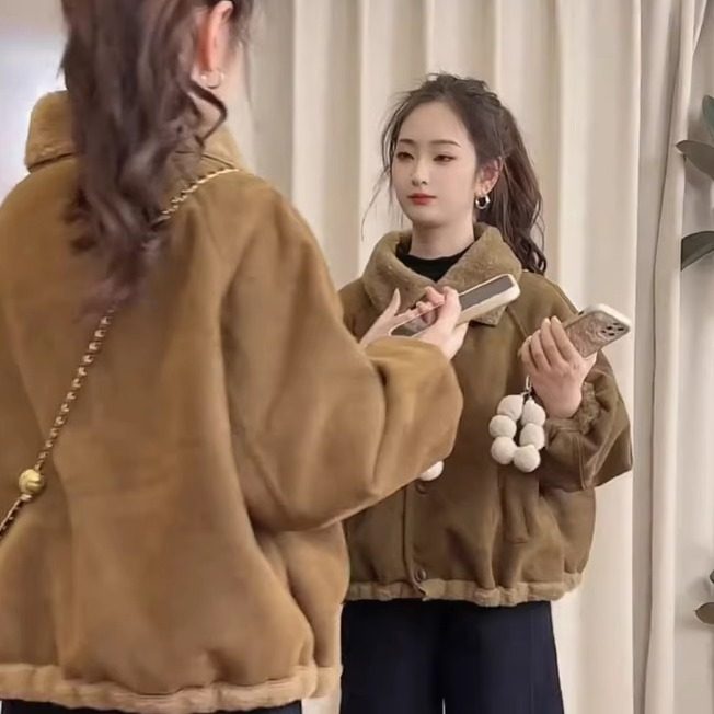 羊羔毛外套女加绒加厚冬季2025新款高级感小个子麂皮绒上衣短外套,淘宝优惠券,粉丝福利购,淘宝优惠卷