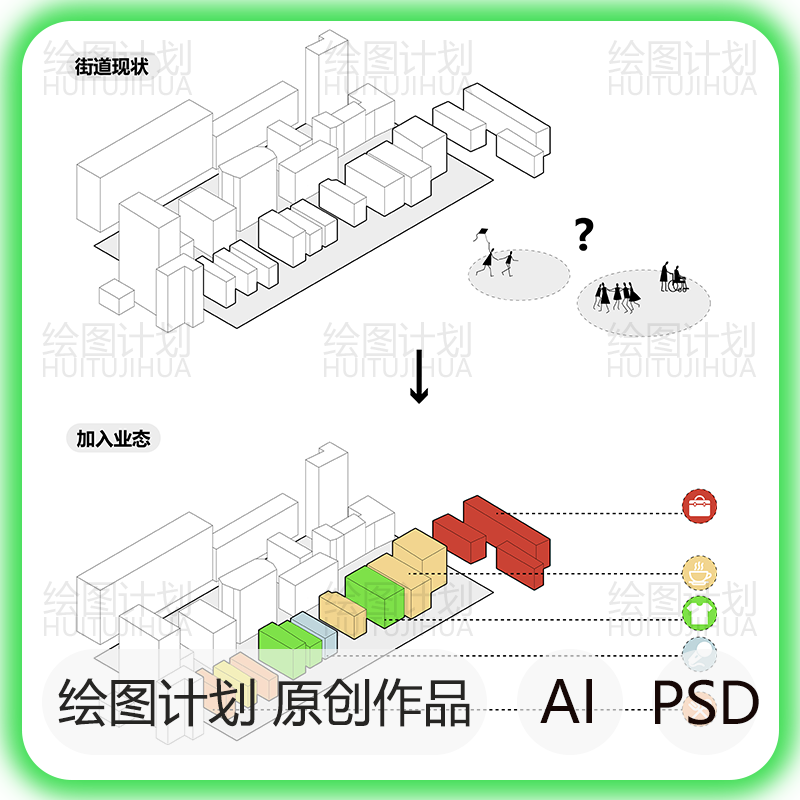 城市街道更新改造psd分析图素材ai格式 商业街区业态项目周边现状