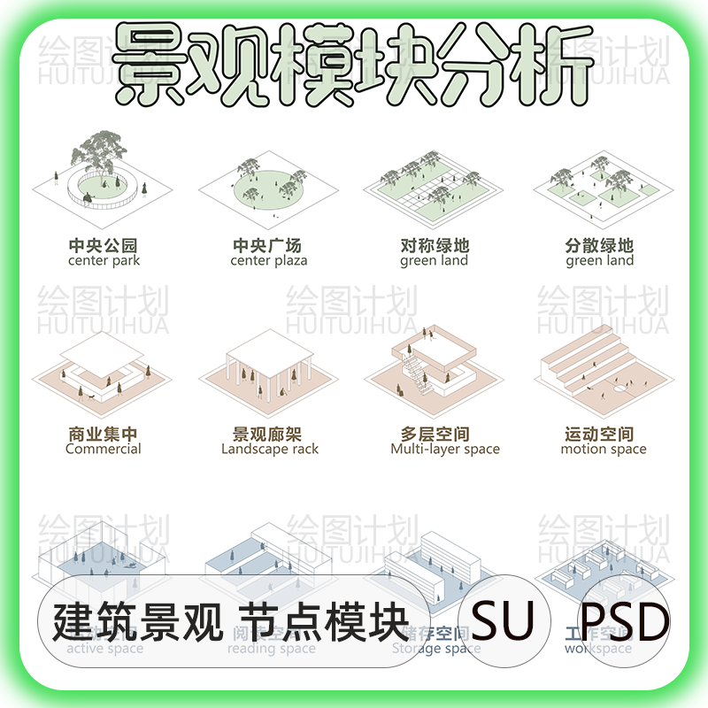 建筑景观分析图PSD素材环艺室内展板设计ps前期人群景观空间模块 - 图0