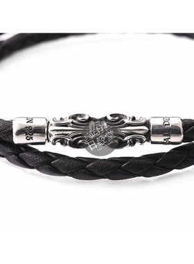 牛皮双层编织银罗马柱手链