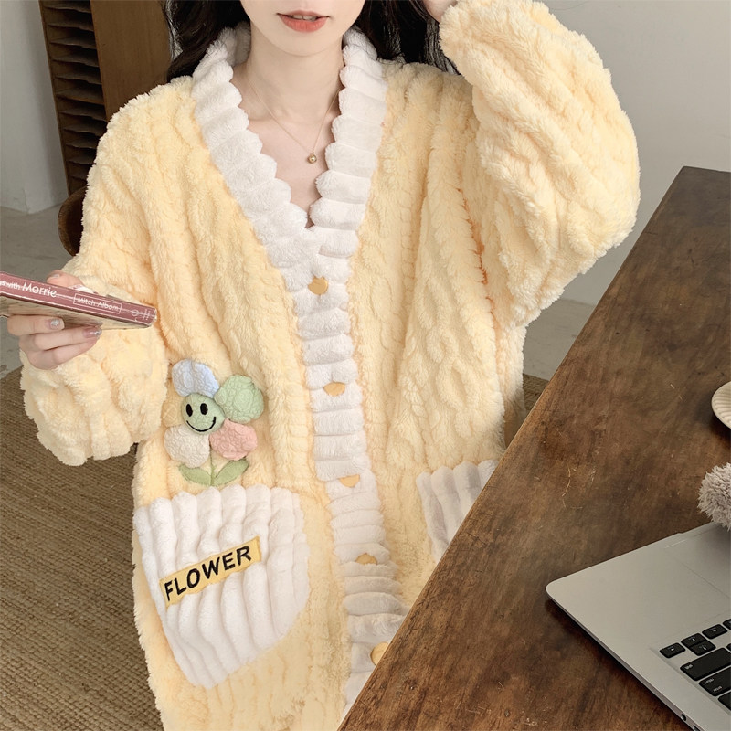 高品质珊瑚绒睡裙女2025年新款可爱甜美加绒加厚开衫中长款家居服,淘宝优惠券,粉丝福利购,淘宝优惠卷