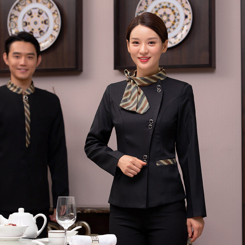 饭店服务员工作服女男秋冬长袖中国风酒店餐饮餐厅火锅店短袖定制