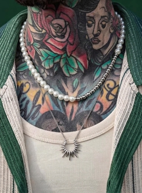 重制加强版太阳吊坠珍珠锁骨链钛钢项链男女小众高级感叠戴不掉色