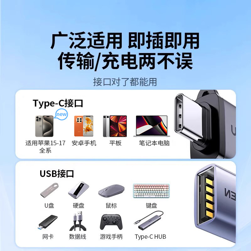 绿联usb转typec接口otg转接头手机U盘转换器适用苹果17iphone16/15充电读卡器电脑平板车载优盘数据线c转usb - 图2