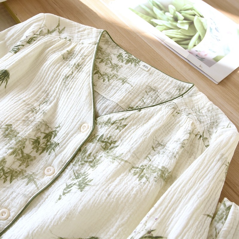 带胸垫睡衣女春秋薄款纯棉双层纱布绉布免文胸长袖长裤家居服套装,淘宝优惠券,粉丝福利购,淘宝优惠卷