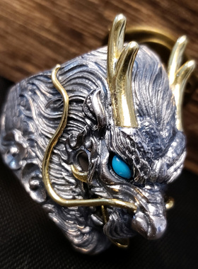 龙头纯银戒指男镶嵌绿松石复古风