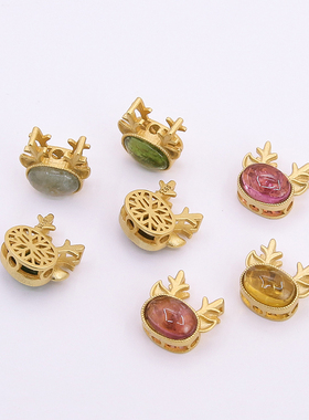 S925纯银古法金彩虹色鹿头穿孔珠DIY串珠配件材料镶碧玺麋鹿隔珠