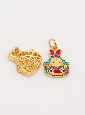 S925纯银古法烧蓝兔爷吊坠隔珠