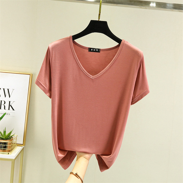 ເສື້ອຍືດແຂນສັ້ນບາງໆຄໍ V-neck ຂອງແມ່ຍິງໂຮງງານຜະລິດຂາຍໂດຍກົງ