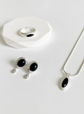 小众个性高级感黑玛瑙水滴型项链简约冷淡风戒指耳钉