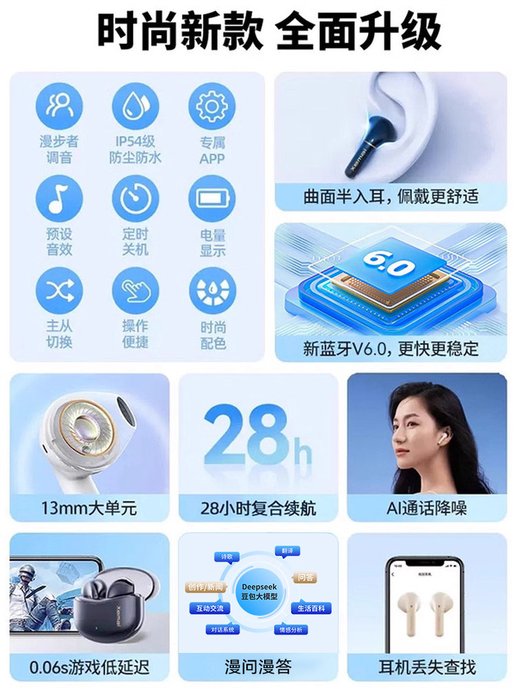 漫步者XS1蓝牙耳机真无线半入耳式降噪运动男女生2023新款高品质