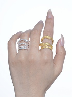 【K社制造】简约S925纯银不规则镂空烧皱肌理戒指女开口食指戒