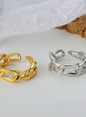 简约设计感s925纯银戒指女ins冷淡风潮人开口镂空链条食指戒