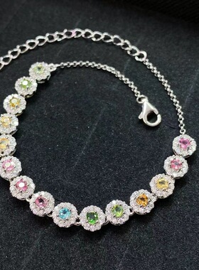 S925银镶嵌天然碧玺手链彩色手链时尚百搭女款精致宝石潮流几何