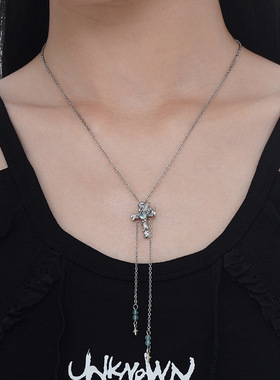 X2155 韩版时髦小众设计师款S925纯银十字架项链短款抽拉毛衣链