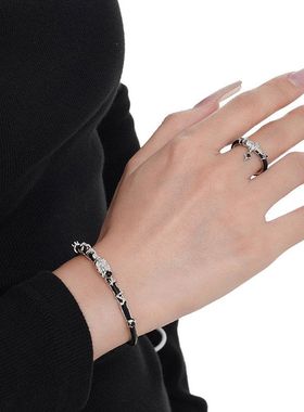 韩版小众设计师款S925纯银皮绳戒指女开口纹理皮带食指戒