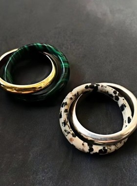 【K社制造】时尚双圈叠戴指环天然石孔雀石组合复古戒指