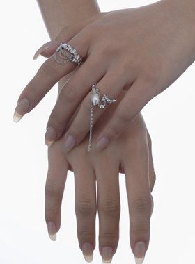 韩版小众设计S925纯银纹理巴洛克珍珠戒指女ins开口流苏耳环