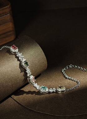 爆款925纯银镶天然碧玺彩宝手链轻奢小众简约百搭网红银手链