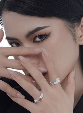 韩版小众S925纯银异形肌理戒指女ins风开口镶嵌锆石食指戒
