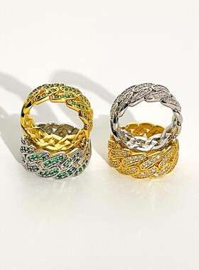 王嘉尔同款古巴链戒指男女潮牌嘻哈个性轻奢镶钻手饰小众设计指环