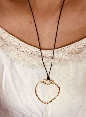 欧美个性不规则心形镂空吊坠项链女耳钉耳环简约几何椭圆蜡绳项饰