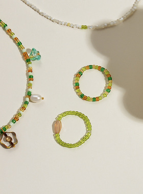 夏季爆款淡水珍珠串珠项链复古油画绿色新中式叠戴串珠项链锁骨链