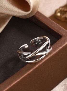 日韩版做旧泰银多层缠绕不规则戒指女复古饰品交叉线条活口指环男