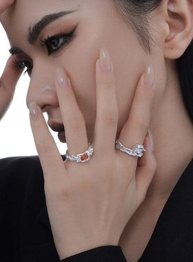 韩版小众设计高级感S925纯银肌理戒指女ins风开口镶嵌指环