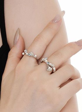 小众设计师款S925纯银灵动贝壳食指戒开口镶嵌贝珠戒指