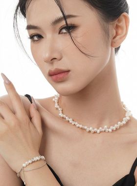 韩国轻奢高级感S925纯银短款不规则巴洛克珍珠项链女白金色