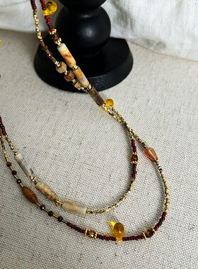 ins风天然石串珠项链不掉色毛衣链女复古配饰秋冬小众虎眼石饰品