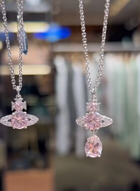 粉色紫兰色水晶钻土星项链高级感锁骨链项饰