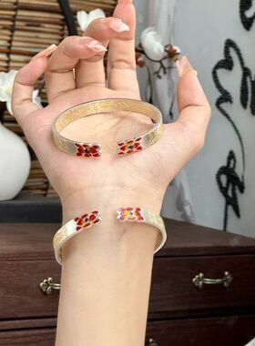 【K社制造】海棠花珐琅彩描金银手镯复古风实心开口手镯