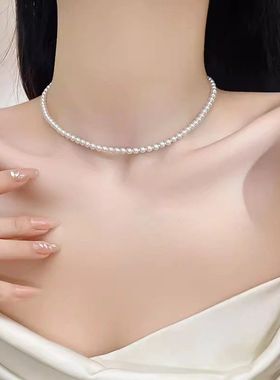 经典元宝扣925银韩国fever网红同款珍珠项链ins风锁骨链毛衣链女