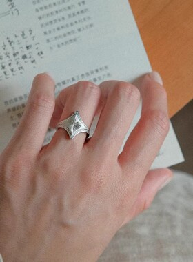 vintage中古风八芒星拉丝戒指女小众设计银开口指环高级百搭
