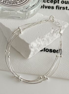 S925纯银三层间珠蛇骨手链女式ins风小众清冷感手饰个性叠戴饰品