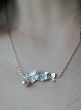 K社制造绣球花项链女小众轻奢复古锁骨链新中式颈链925银