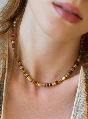 欧美多宝石天然鸡血石蛋黄石小众文艺复古落日飞盘串珠礼物女项链