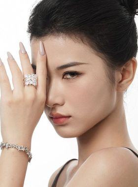 K社制造夸张S925纯银花丛戒指女ins冷淡风开口宽版花朵食指戒